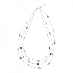 Elsa Lee Paris - 3 row silver necklace with 3 colours of pearls (pink, mauve and violet) and close set cubics zirconia