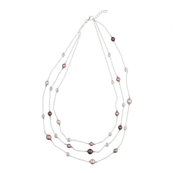 Collier 3 rangs perles roses poudrés et mauves en argent par Elsa Lee - Collier perles roses 3 rangs argent