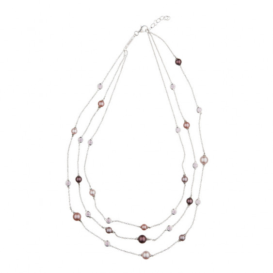 Elsa Lee Paris - 3 row silver necklace with 3 colours of pearls (pink, mauve and violet) and close set cubics zirconia