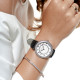 Elsa Lee Paris watch for women, silver tone case filled up with Cubic Zirconia and black leather strap