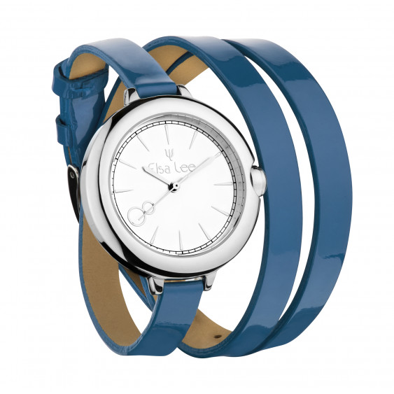 Elsa Lee Paris watch, silver case and double blue leather strap