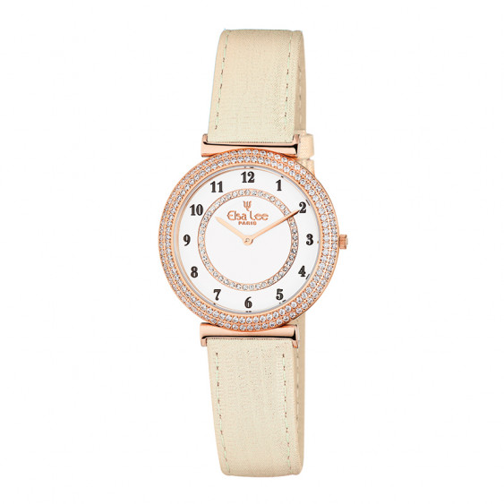 Elsa Lee Paris watch for women, gold tone case filled up with Cubic Zirconia and pink leather strap