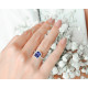 Emerald cut square sapphire blue stone ring in silver by Elsa Lee Paris traditional design blue stone