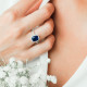 Emerald cut square sapphire blue stone ring in silver by Elsa Lee Paris traditional design blue stone