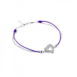 Bracelet Clear Spirit Elsa Lee Paris en argent rhodié 925 oxydes de zirconium et cordon ciré violet, motif coeur