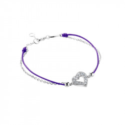 Elsa Lee Paris, clear spirit collection Bracelet in sterling rhodium coated silver and cubics zirconia, waxed purple cotton