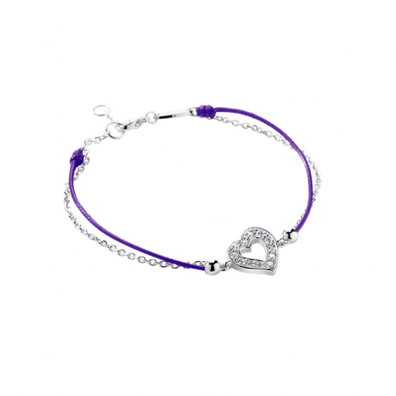 Bracelet Clear Spirit Elsa Lee Paris en argent rhodié 925 oxydes de zirconium et cordon ciré violet, motif coeur
