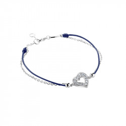 Bracelet Clear Spirit Elsa Lee Paris en argent rhodié 925 oxydes de zirconium et cordon ciré bleu, motif coeur