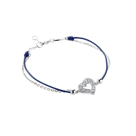 Bracelet Clear Spirit Elsa Lee Paris en argent rhodié 925 oxydes de zirconium et cordon ciré bleu, motif coeur