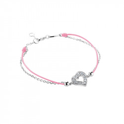 Bracelet Clear Spirit Elsa Lee Paris en argent rhodié 925 oxydes de zirconium et cordon cirée rose, motif coeur