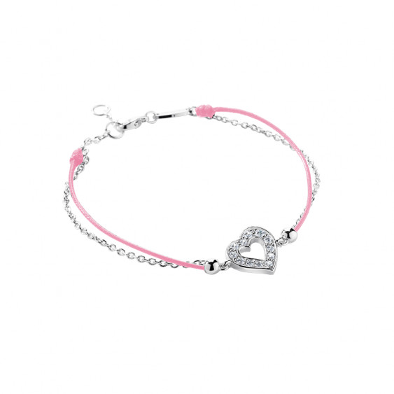Bracelet Clear Spirit Elsa Lee Paris en argent rhodié 925 oxydes de zirconium et cordon cirée rose, motif coeur