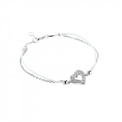 Bracelet Clear Spirit Elsa Lee Paris en argent rhodié 925 oxydes de zirconium et cordon ciré blanc, motif coeur