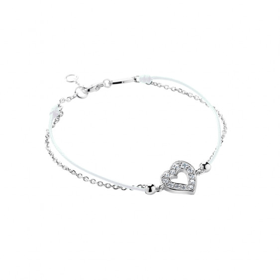 Bracelet Clear Spirit Elsa Lee Paris en argent rhodié 925 oxydes de zirconium et cordon ciré blanc, motif coeur