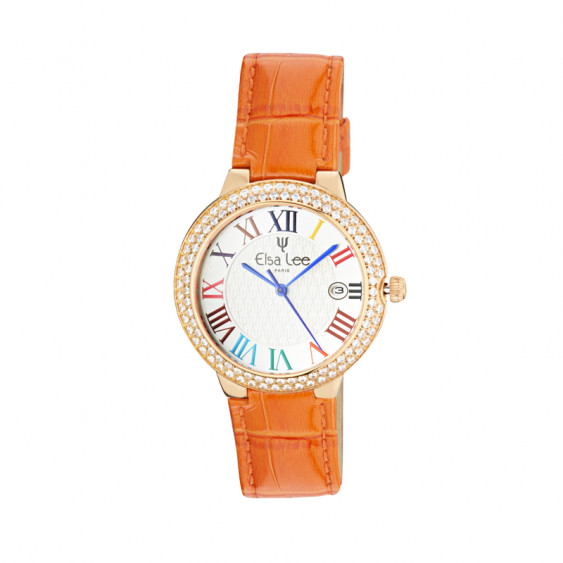 Montre Elsa Lee Paris - 3ATM, cadran chiffre romain 2 tons et boitier couleur rosé serti d'oxydes, bracelet en cuir orange 