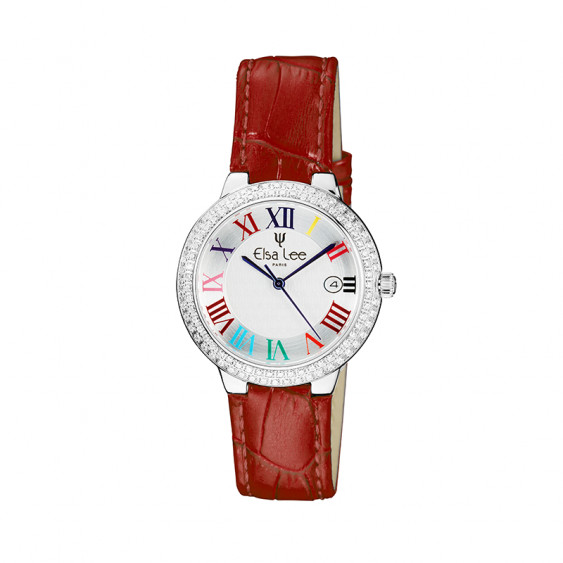 Montre femme rouge cadran argenté chiffres romains par Elsa Lee