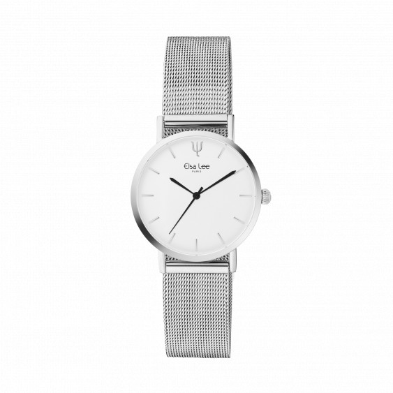 Thin silver watch with its stainless steel milanese mesh bracelet interchangeable