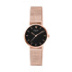 Montre simple et fine en rose gold, bracelet maille milanaise et cadran noir 