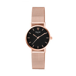 Thin Rose gold watch with black dial and milanese mesh bracelet by Elsa Lee Paris