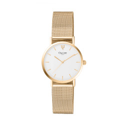 Thin gold metal bracelet watch with white dial and milanese mesh bracelet by Elsa Lee Paris 