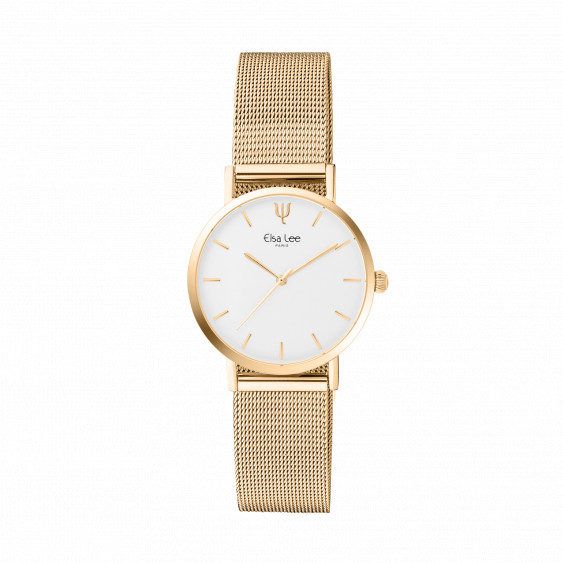 Thin gold metal bracelet watch with white dial and milanese mesh bracelet by Elsa Lee Paris 