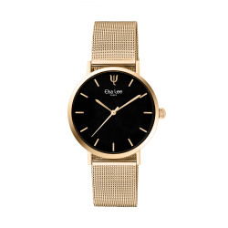 Montre contemporaine simple au bracelet doré en maille milanaise et cadran noir