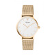 Clean and refine design watch with its simple white dial without numeral and its golden bracelet in milanese mesh 