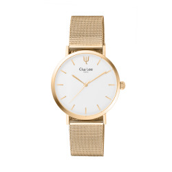 Montre design épurée cadran blanc et bracelet acier dorée. Sans chiffre sur le cadran 