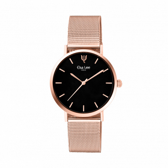 Rose gold metal bracelet watch with black dial and simple design