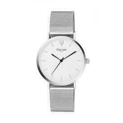 Montre simple cadran blanc et bracelet acier en maille milanaise par Elsa Lee Paris 