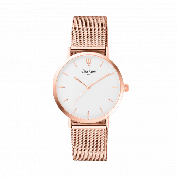 Montre design simple bracelet rose gold maille milanaise et cadran blanc sans chiffre 