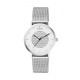 White dial and contemporary designed watch with its Milanese mesh bracelet in silver