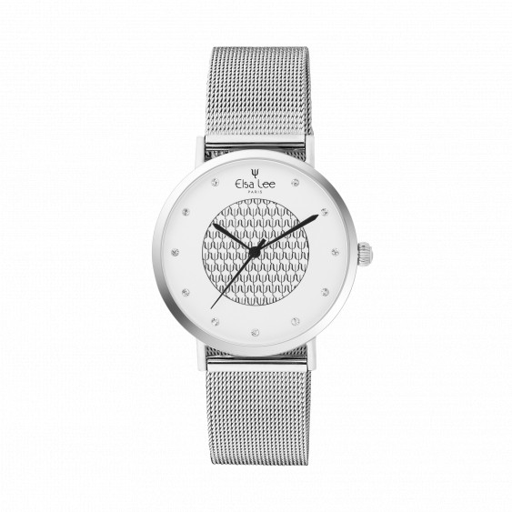 White dial and contemporary designed watch with its Milanese mesh bracelet in silver