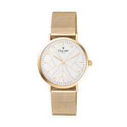 Watch with white dial adorned with geometrical design with a Milanese mesh bracelet in golden and a free leather bracelet