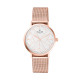 Rose gold geometrical design watch with white dial and rose gold milanese mesh bracelet 