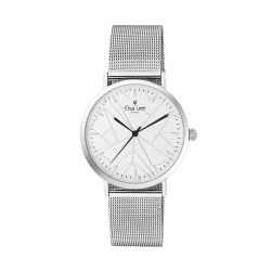 Montre cadran blanc design géométrique épuré et bracelet en maille milanaise. Bracelet cuir interchangeable offert