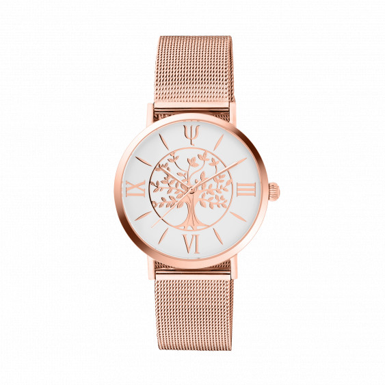 Tree of Life watch in Rose gold and white dial. Bracelet in rose gold milanese mesh, comes with a free leather bracelet