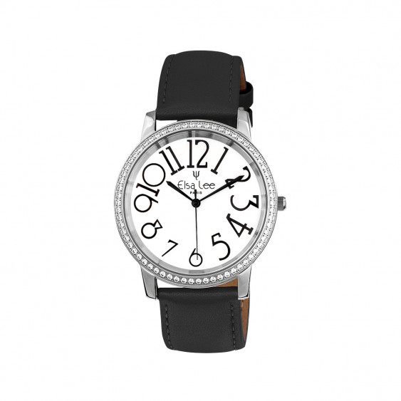 Dark Grey watch silver bezel and white dial with big numerals by Elsa Lee Paris 