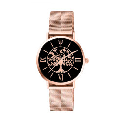 Rose gold tree of life watch with black dial and milanese mesh interchangeable bracelet. Comes with a free leather bracelet