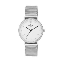 Montre cadran blanc et entouré de brillant bracelet argenté en maille milanaise interchangeable avec un bracelet cuir offert