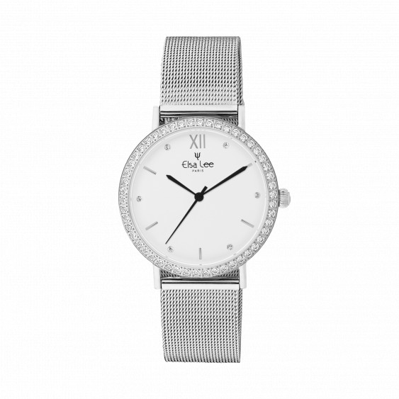 White dial watch with sparkling circle on dial and silver bracelet in Milanese Watch. Interchangeable leather bracelet free. 