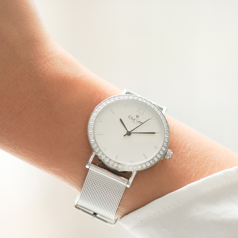 Watch Silver Milanese Bracelet and sparkling white dial Elsa Lee