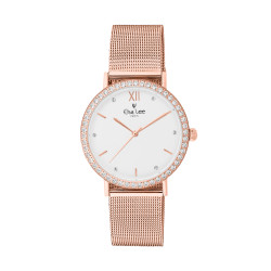 White dial watch with sparkling circle on dial and rose gold bracelet in Milanese Watch. Interchangeable leather bracelet free. 