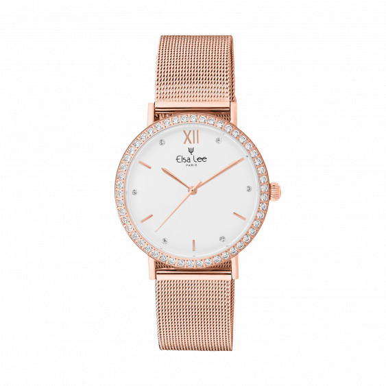 Montre cadran blanc cerclé de brillant avec bracelet rose gold en maille milanaise interchangeable avec un bracelet cuir offert