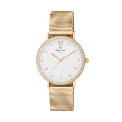 White dial watch with sparkling circle on dial and golden bracelet in Milanese Watch. Interchangeable leather bracelet free. 