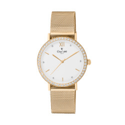 Montre cadran blanc et contour brillant bracelet dorée en maille milanaise. Bracelet cuir interchangeable offert