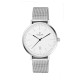 Silver watch with clean style white dial featuring a date function, silver milanese mesh interchangeable bracelet