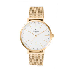 Clean style Golden Watch with white dial featuring day function and golden Milanese mesh bracelet interchangeable