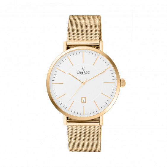 Clean style Golden Watch with white dial featuring day function and golden Milanese mesh bracelet interchangeable