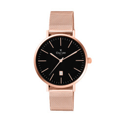 Clean style watch in rose gold and black dial featuring date function. Rose gold milanese mesh bracelet interchangeable with a f