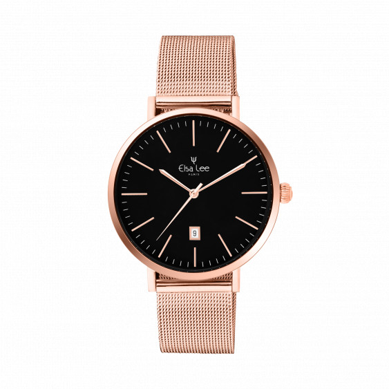 Montre épuré cadran noir fonction date et bracelet interchangeable Rose gold en maille milanaise. Bracelet cuir offert 